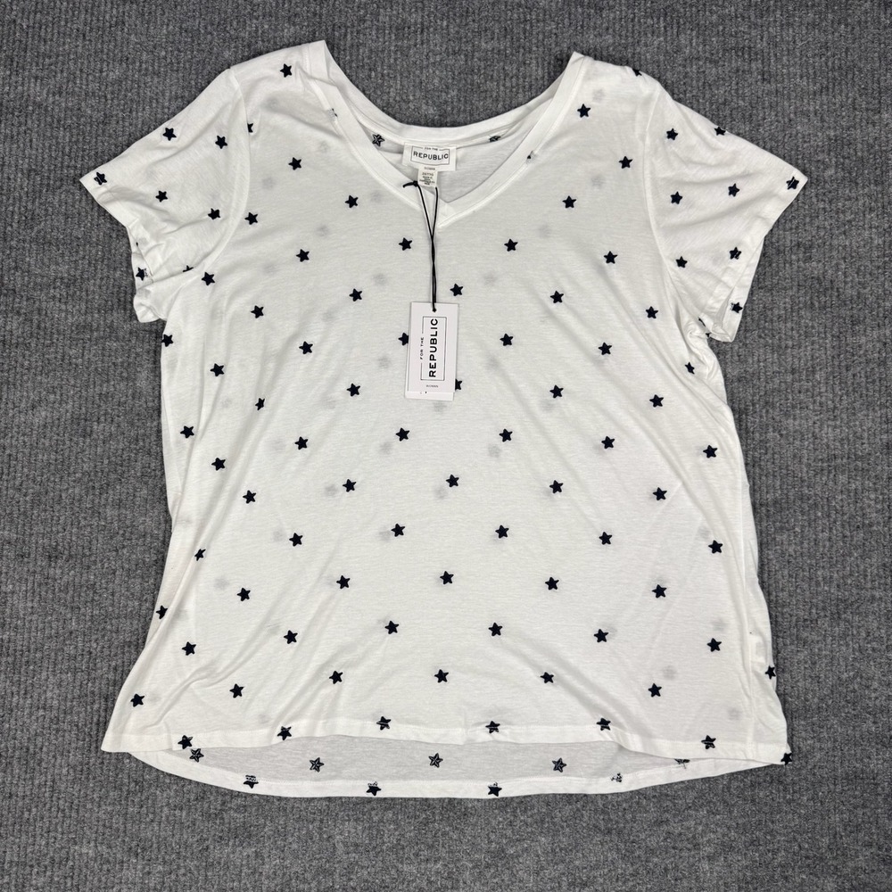 For The Republic T-Shirt Womens 2X White Embroidered Stars Cotton Modal NEW